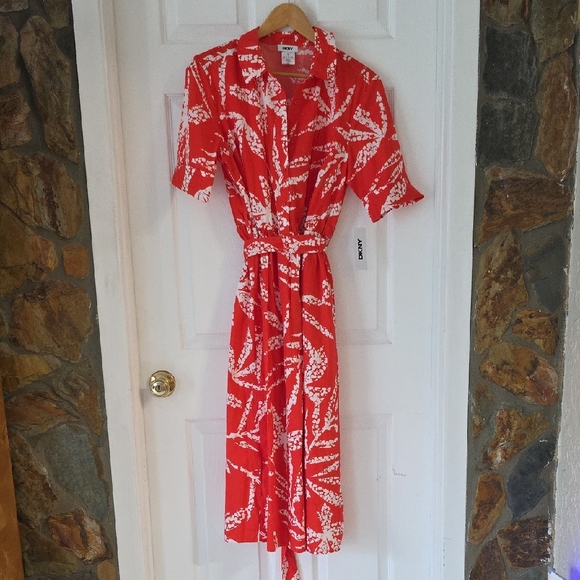 Dkny Dresses & Skirts - DKNY Darker Orange and White Midi Dress With Tie Lightweight 3 Button New
